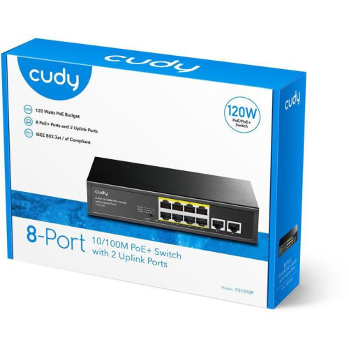 Коммутатор/ 8-Port 10/100M PSE RJ-45  +2 RJ45 10/100M Uplink Port Unmanaged PoE+ Switch 120W, CCTV/VLAN mode support, long distance:250M at CCTV mode.  802.3af/at standard, Support PD Alive Function, ±4 KV Surge Protection, Alternative 1/2(+),3/6(-),Steel