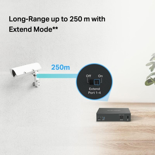 Коммутатор/ 5-Port Gigabit Desktop Switch with  4-Port PoE+ PORT: 4? Gigabit PoE+ Ports, 1? Gigabit Non-PoE Port SPEC: Compatible with 802.3af/at PDs, 65 W PoE Power, Desktop Steel Case, Wall Mounting FEATURE: Extend Mode for 250m PoE Transmitting, Priori