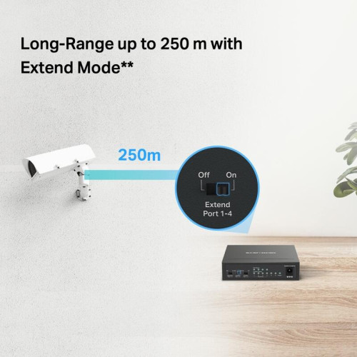 Коммутатор/ 6-Port 10/100 Mbps Desktop Switch with 4-Port PoE+ PORT: 4? 10/100 Mbps PoE+ Ports, 2? 10/100 Mbps Non-PoE Ports SPEC: Compatible with 802.3af/at PDs, 40 W PoE Power, Desktop Steel Case, Wall Mounting FEATURE: Extend Mode for 250m PoE Transmit
