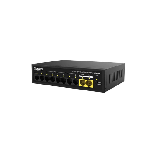 Tenda SG110PC Коммутатор неуправляемый PoE, 10 портов, 10x1 Гбит/с, PoE 8х30 Вт, 2хUplink, настольный