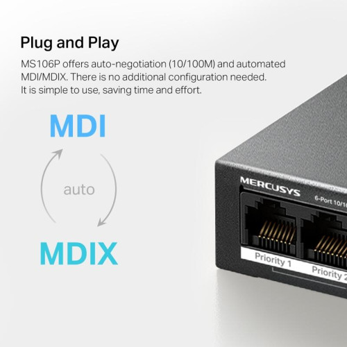 Коммутатор Mercusys MS106P (L2) 6x100Мбит/с 4PoE+ 67W неуправляемый