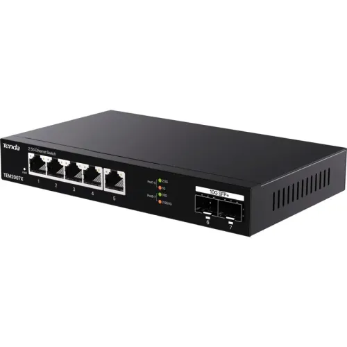Коммутатор/ Tenda TEM2007X Коммутатор неуправляемый, 7 портов, RJ-45 5х2,5 Гбит/с, SFP+ 2х10 Гбит/с, настольный, металлический корпус