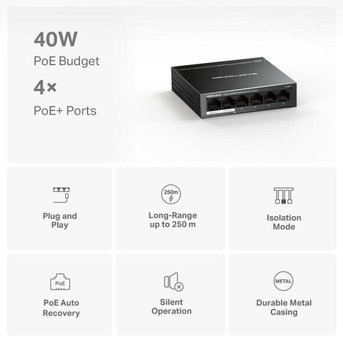 Коммутатор/ 6-Port 10/100 Mbps Desktop Switch with 4-Port PoE+ PORT: 4? 10/100 Mbps PoE+ Ports, 2? 10/100 Mbps Non-PoE Ports SPEC: Compatible with 802.3af/at PDs, 40 W PoE Power, Desktop Steel Case, Wall Mounting FEATURE: Extend Mode for 250m PoE Transmit