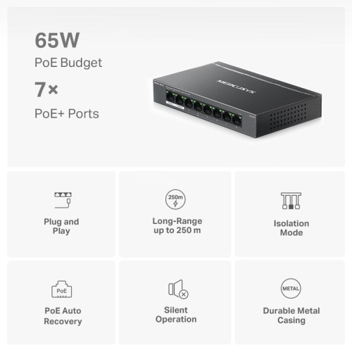 Коммутатор/ 8-Port Gigabit Desktop Switch with 7-Port PoE+ PORT: 7? Gigabit PoE+ Ports, 1? Gigabit Non-PoE Ports SPEC: Compatible with 802.3af/at PDs, 65 W PoE Power, Desktop Steel Case, Wall Mounting FEATURE: Extend Mode for 250m PoE Transmitting, Priori