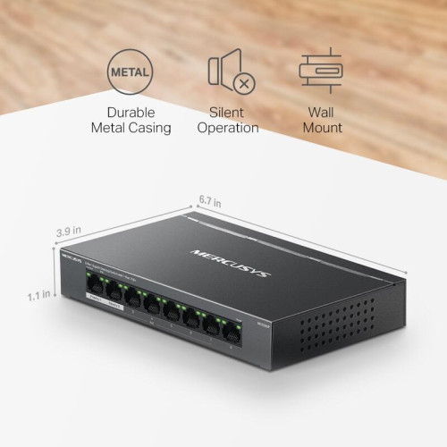 Коммутатор/ 8-Port Gigabit Desktop Switch with 7-Port PoE+ PORT: 7? Gigabit PoE+ Ports, 1? Gigabit Non-PoE Ports SPEC: Compatible with 802.3af/at PDs, 65 W PoE Power, Desktop Steel Case, Wall Mounting FEATURE: Extend Mode for 250m PoE Transmitting, Priori