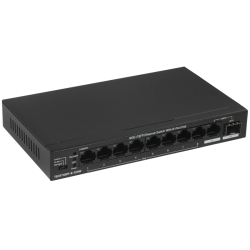 Коммутатор/ Tenda TEG1110PF-8-120W Коммутатор неуправляемый PoE, 10 портов, 9x1 Гбит/с, SFP 1х1 Гбит/с, PoE 8х30 Вт (до 102 Вт), настольный