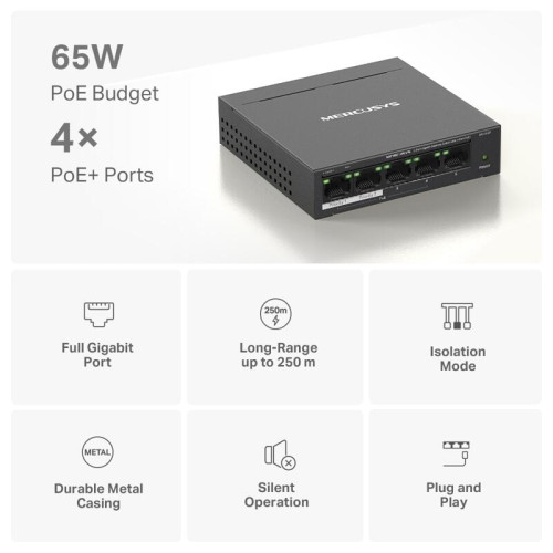 Коммутатор/ 5-Port Gigabit Desktop Switch with  4-Port PoE+ PORT: 4? Gigabit PoE+ Ports, 1? Gigabit Non-PoE Port SPEC: Compatible with 802.3af/at PDs, 65 W PoE Power, Desktop Steel Case, Wall Mounting FEATURE: Extend Mode for 250m PoE Transmitting, Priori