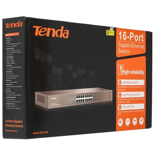 Коммутатор/ Tenda TEG1016G Коммутатор неуправляемый, 16 портов, 16x1 Гбит/с, установка в стойку, металлический корпус