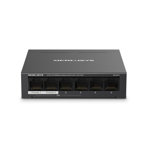 Коммутатор/ 6-Port 10/100 Mbps Desktop Switch with 4-Port PoE+ PORT: 4? 10/100 Mbps PoE+ Ports, 2? 10/100 Mbps Non-PoE Ports SPEC: Compatible with 802.3af/at PDs, 40 W PoE Power, Desktop Steel Case, Wall Mounting FEATURE: Extend Mode for 250m PoE Transmit