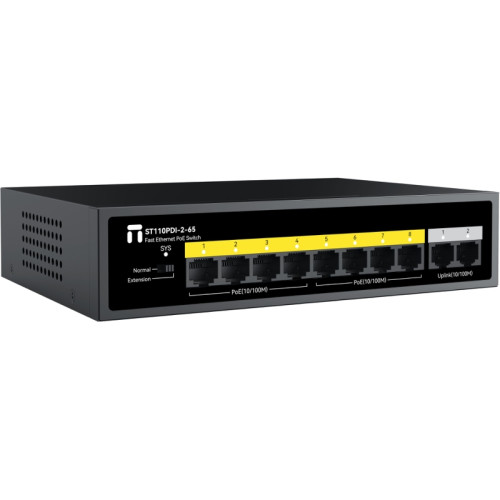 Коммутатор/ Неуправляемый PoE коммутатор Fast Ethernet, 8 портов 100 Мбит/с PoE+, 2 Uplink порта 100 Мбит/с RJ45, БП 65 Вт