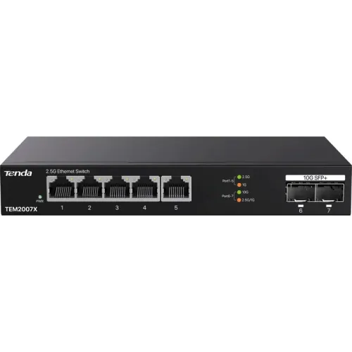 Коммутатор/ Tenda TEM2007X Коммутатор неуправляемый, 7 портов, RJ-45 5х2,5 Гбит/с, SFP+ 2х10 Гбит/с, настольный, металлический корпус