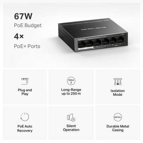 Коммутатор Mercusys MS106P (L2) 6x100Мбит/с 4PoE+ 67W неуправляемый