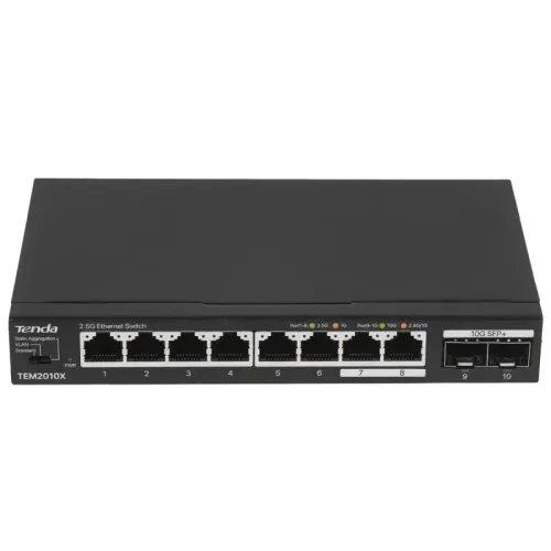 Коммутатор/ Tenda TEM2010X Коммутатор неуправляемый, 10 портов, RJ-45 8х2,5 Гбит/с, SFP+ 2х10 Гбит/с, настольный, металлический корпус