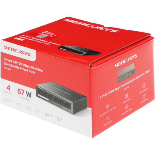 Коммутатор Mercusys MS106P (L2) 6x100Мбит/с 4PoE+ 67W неуправляемый