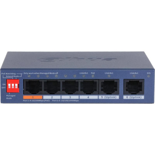 Коммутатор Dahua DH-CS4006-4ET2GT-60 (L2) 4x100Мбит/с 2x1Гбит/с 2xКомбо(1000BASE-T/SFP) 4PoE 60W управляемый