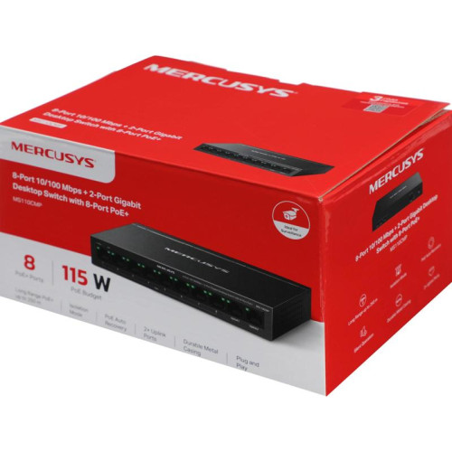 Коммутатор Mercusys MS110CMP (L2) 8x100Мбит/с 2x1Гбит/с 8PoE+ 115W неуправляемый
