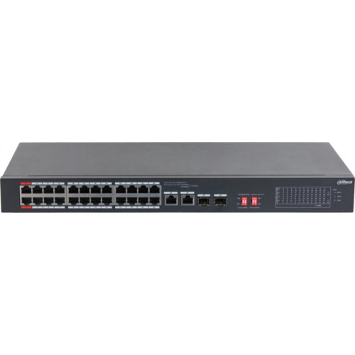24-портовый неуправляемый коммутатор с РоЕ; Порты: 24 RJ45 10/100Мбит/с (PoE/PoE+/Hi-PoE) 2 комбинированных SFP/RJ45 10/100/1000Мбит/с (uplink); мощность PoE: порты 12 до 60Вт порты 324 до 30Вт суммарно до 240Вт; питание: 100240В(AC)