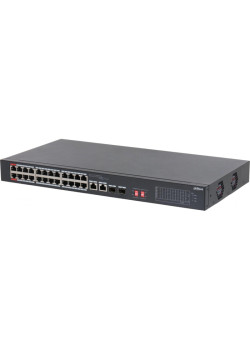 24-портовый неуправляемый коммутатор с РоЕ; Порты: 24 RJ45 10/100Мбит/с (PoE/PoE+/Hi-PoE) 2 комбинированных SFP/RJ45 10/100/1000Мбит/с (uplink); мощность PoE: порты 12 до 60Вт порты 324 до 30Вт суммарно до 240Вт; питание: 100240В(AC)