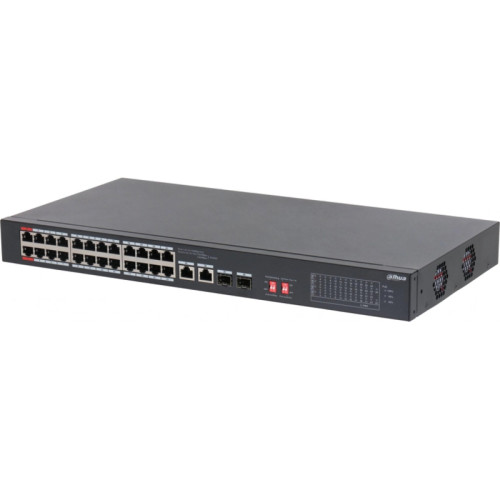 24-портовый неуправляемый коммутатор с РоЕ; Порты: 24 RJ45 10/100Мбит/с (PoE/PoE+/Hi-PoE) 2 комбинированных SFP/RJ45 10/100/1000Мбит/с (uplink); мощность PoE: порты 12 до 60Вт порты 324 до 30Вт суммарно до 240Вт; питание: 100240В(AC)