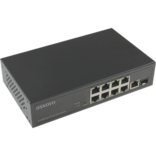 Коммутатор управляемый/ OSNOVO Web-управляемый PoE коммутатор Gigabit Ethernet на 10 портов. Порты: 8 x GE (10/100/1000BASE-T) с PoE (до 30W) + 1 x GE (10/100/1000BASE-T) + 1 x GE SFP (1000Base-X). Соответствует стандартам PoE IEEE 802.3af/at. Суммарная м