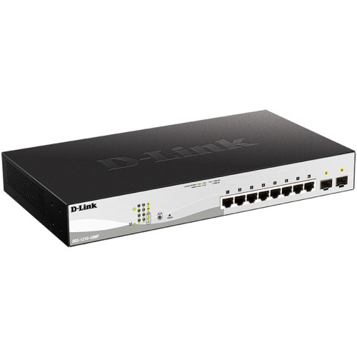 Коммутатор/ DGS-1210-10MP/F Smart L2 Switch 8х1000Base-T PoE, 2х1000Base-X SFP, PoE Budget 130W, Compact CLI