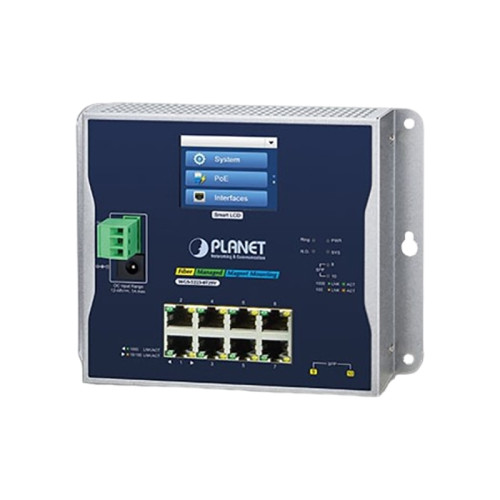 коммутатор/ PLANET WGS-5225-8T2SV IP30, IPv6/IPv4, L2+ 8-Port 10/100/1000T + 2-Port 1G/2.5G SFP Wall-mount Managed Switch with LCD touch screen (-20~70 degrees C, dual power input on 12-48VDC terminal block and power jack, ERPS Ring, 1588, Modbus TCP, ONV