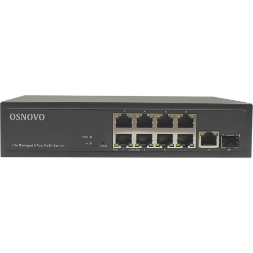 Коммутатор управляемый/ OSNOVO Web-управляемый PoE коммутатор Gigabit Ethernet на 10 портов. Порты: 8 x GE (10/100/1000BASE-T) с PoE (до 30W) + 1 x GE (10/100/1000BASE-T) + 1 x GE SFP (1000Base-X). Соответствует стандартам PoE IEEE 802.3af/at. Суммарная м