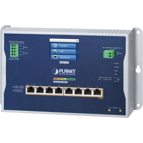 коммутатор/ PLANET WGS-5225-8UP2SV IP30, IPv6/IPv4, L2+ 8-Port 10/100/1000T 802.3bt PoE + 2-Port 1G/2.5G SFP Wall-mount Managed Switch with LCD touch screen (-20~70 degrees C, Max. 720W PoE budget, dual power input on 48-54VDC terminal block, 200m Extend 