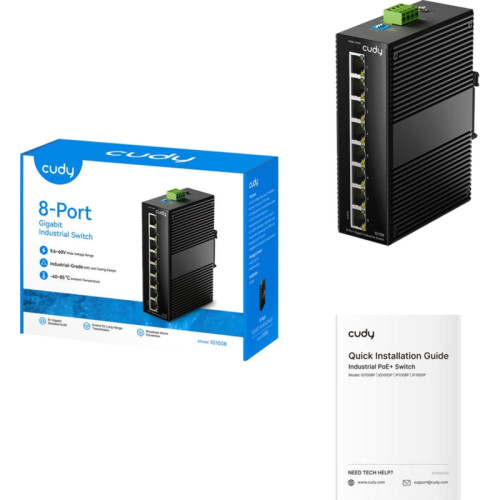 Промышленный коммутатор/ 8-Port Aluminum Industrial Switch, 1000Mbps 8-Port RJ45, Din-rail design, Power supply: DC 9.6~57V work temperature:-40 °C-75°C, Power Adapter Not Included