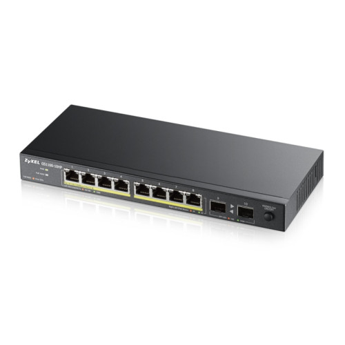 Zyxel GS1100-10HP 8xGE PoE+ 2xSFP PoE+ Switch Desktop Silent 130W PoE Budget Kensigton lock