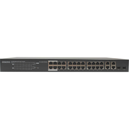 Коммутатор управляемый/ OSNOVO Web-управляемый PoE коммутатор Gigabit Ethernet на 28 портов. Порты: 4 x GE (10/100/1000Base-T) с PoE (до 90W, A+B) + 20 x GE (10/100/1000 Base-T) с PoE (до 30W) + 2 x GE Combo (1000BASE-T/1000Base-X) + 2 х GE (10/100/1000 B