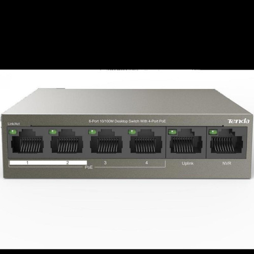 Коммутатор Tenda TEF1106P-4-63W Коммутатор неуправляемый PoE, 6 портов 6x100 Мбит/с, PoE 4х30 Вт, настольный