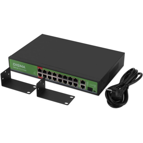 Коммутатор Digma DSP216F-1G-1C-R300 (L2) 16x100Мбит/с 1x1Гбит/с 1xКомбо(1000BASE-T/SFP) 16PoE 16PoE+ 2PoE++ 300W неуправляемый