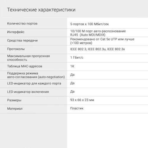 Коммутатор Digma DSW-305FE (L2) 5x100Мбит/с неуправляемый