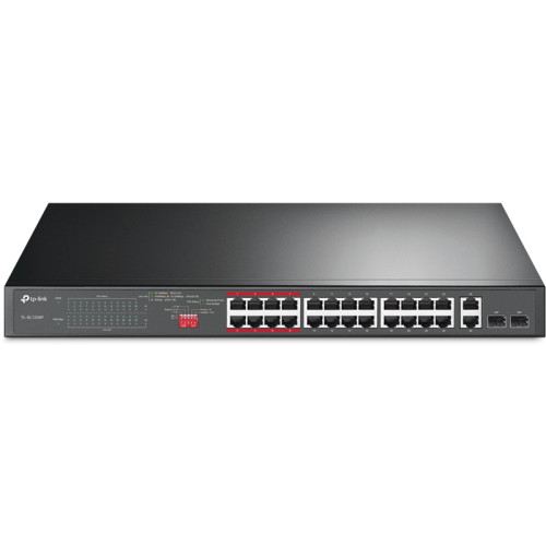 Коммутатор/ 24-port 10/100Mbps Unmanaged PoE+ Switch with 2 combo RJ-45/SFP uplink ports, rack mount, 24 802.3af/at compliant PoE+ ports, 2 gigabit combo RJ-45/SFP uplink ports