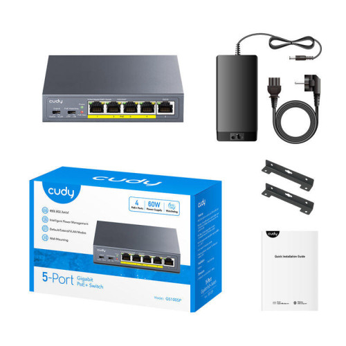Коммутатор/ 5-Port 10/100/1000M PoE+ Switch 60W, 5 10/100/1000M ports with 4POE+ Ports Unmanaged Switch with UL power adapter IEEE802.3af / IEEE802.3at, Watchdog, 60W External