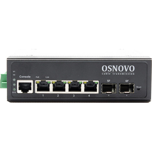 Коммутатор/ OSNOVO Промышленный гигабитный L2+ коммутатор на 6 портов, 4 *10/100/1000Base-T с PoE (до 30W), 2 *SFP 100/1000Base-X, суммарно PoE до 120W, БП опционально Коммутатор/ OSNOVO Промышленный гигабитный L2+ коммутатор на 6 портов, 4 *10/100/1000Base-T с PoE (до 30W), 2 *SFP 100/1000Base-X, суммарно PoE до 120W, БП опционально