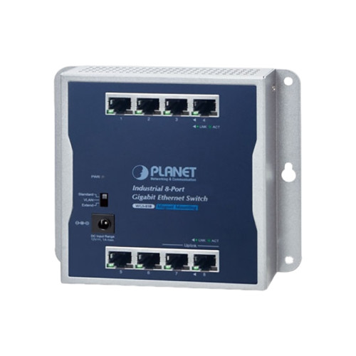 коммутатор/ PLANET WGS-810 IP30 Industrial 8-Port 10/100/1000T Wall-mount Gigabit Switch (Standard/VLAN/Extend mode, fanless,-20 to 60 C),12V 1A AC power adapter included