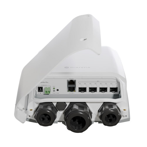 Коммутатор/ FiberBox Plus CRS305-1G-4S+OUT with 800MHz CPU, 256MB RAM, 1xGigabit LAN, 4 x SFP+ cages, RouterOS L5 or SwitchOS (dual boot), IP66 compliant outdoor enclosure, mounting kit, PSU, PoE injector