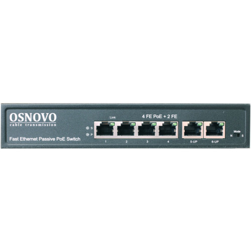 OSNOVO Passive PoE коммутатор 6 портов, 4 PoE порта 10/100 Base-T, 2*10/100 Base-T Uplink, до 30W на порт