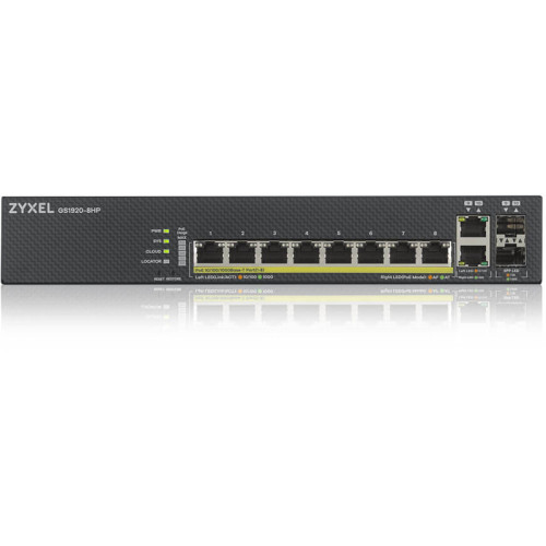 Коммутатор/ ZYXEL GS1920-8HPv2 Hybrid Smart switch PoE+ ZYXEL Nebula Flex, 8xGE PoE+, 2xCombo (SFP/RJ-45), silent (fanless), budget PoE 130W, Standalone / cloud management