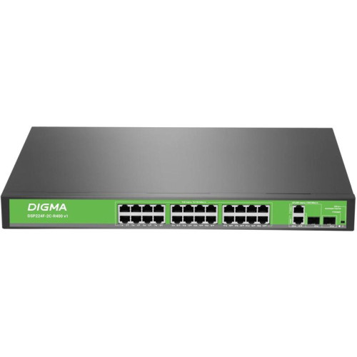 Коммутатор Digma DSP224F-2C-R400 DSP224F-2C-R400 V1 (L2) 24x100Мбит/с 2xКомбо(1000BASE-T/SFP) 24PoE 24PoE+ 400W неуправляемый