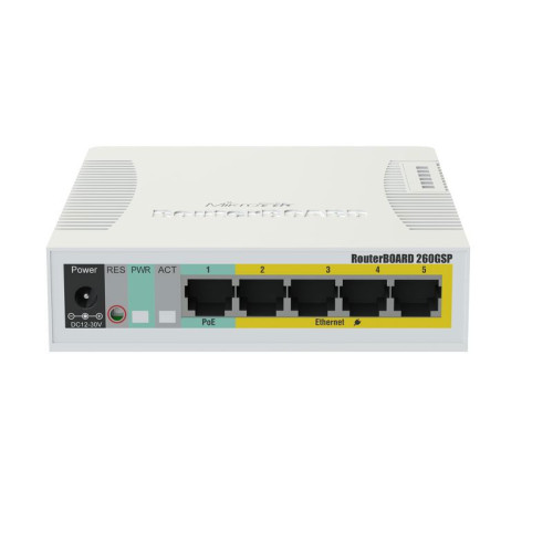 RB260GSP 5x Gigabit PoE out Ethernet Smart Switch, SFP cage, plastic case, SwOS