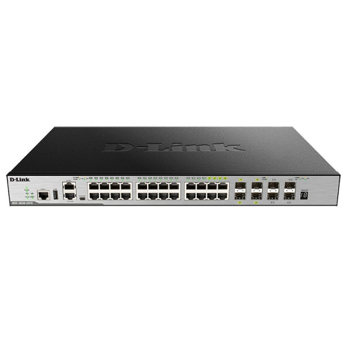 Коммутатор/ Управляемый L3 стекируемый коммутатор, 20x1000Base-T, 4x10GBase-X SFP+, 4xCombo 1000Base-T/SFP, защита от статического электричества до 6 кВ, CLI, порт управления 1000Base-T, консольный порт RJ-45, консольный порт mini-USB, 1xUSB, RPS, Alarm-п