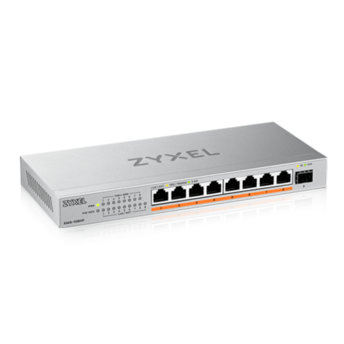 Коммутатор/ Мультигигабитный PoE++ коммутатор Zyxel XMG-108HP, 8xRJ-45: 1/2.5G PoE++, 1xSFP+, настольный, бесшумный, бюджет PoE 100 Вт