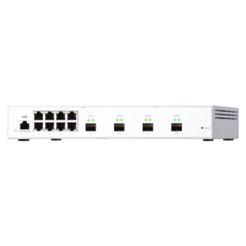 Коммутатор/ QNAP QSW-M408S 10 Gbps managed switch with 4 SFP + ports, 8 1 Gbps RJ-45 ports, bandwidth up to 96 Gbps, JumboFrame support.