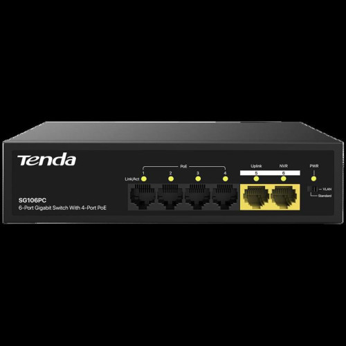 Коммутатор Tenda SG106PC Коммутатор неуправляемый PoE, 6 портов 6x1 Гбит/с, PoE 4х до 30 Вт, 2хUplink, настольный