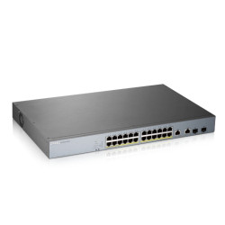 Коммутатор/ ZYXEL GS1350-26HP L2 PoE + switch for IP cameras, 24xGE PoE +, 2xCombo (SFP / RJ-45), PoE budget 375 W, power transfer distance up to 250 m, auto-reloading of PoE ports, increased overvoltage and electrostatic discharge protection