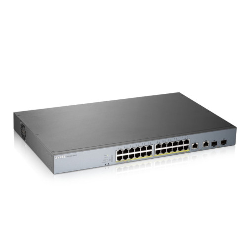 Коммутатор/ ZYXEL GS1350-26HP L2 PoE + switch for IP cameras, 24xGE PoE +, 2xCombo (SFP / RJ-45), PoE budget 375 W, power transfer distance up to 250 m, auto-reloading of PoE ports, increased overvoltage and electrostatic discharge protection