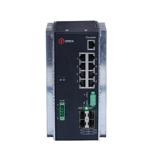 Коммутатор/ Управляемый индустриальный коммутатор уровня L3 с поддержкой PoE 802.3af/at, 8 портов 10/100/1000BASE-T, 4 порта 1000 BASE-X SFP, 4К VLAN, 16K MAC-адресов, консольный порт (на передней панели), встроенный блок питания 48В DC (на передней панел